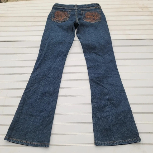 AUTHENTIC 579 JEANSWEAR BOOTCUT Dark Blue Embroidered Pocket Flare Juniors Sz 9 - Picture 3 of 10